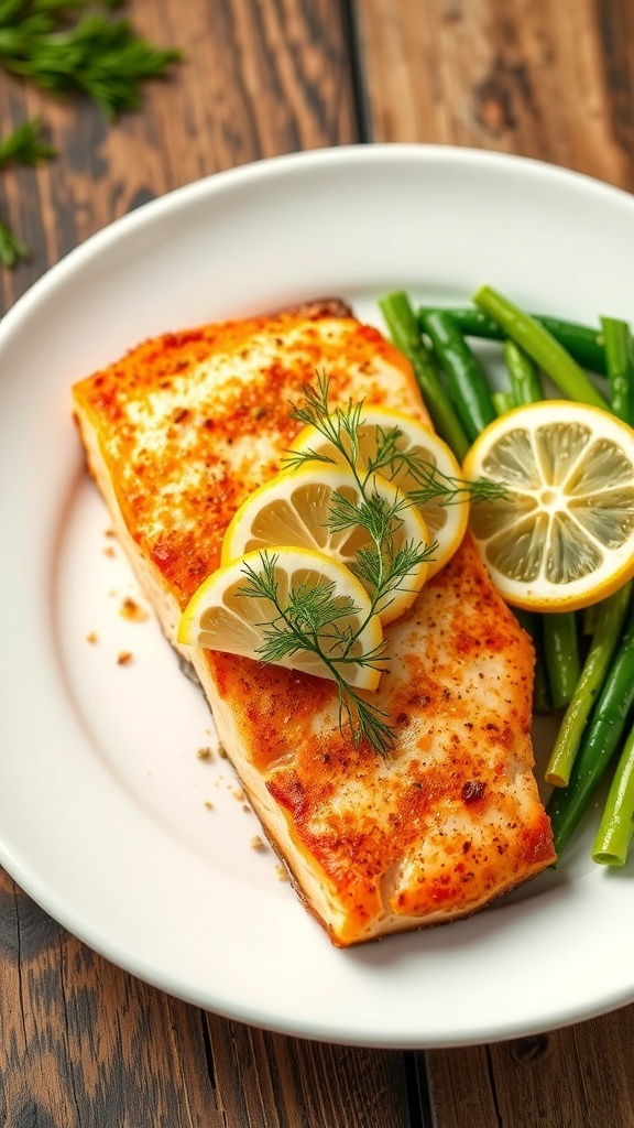 Air Fryer Lemon Dill Salmon Recipe Air fryer salmon fillet garnished with dill and lemon slices on a white plate with vegetables.